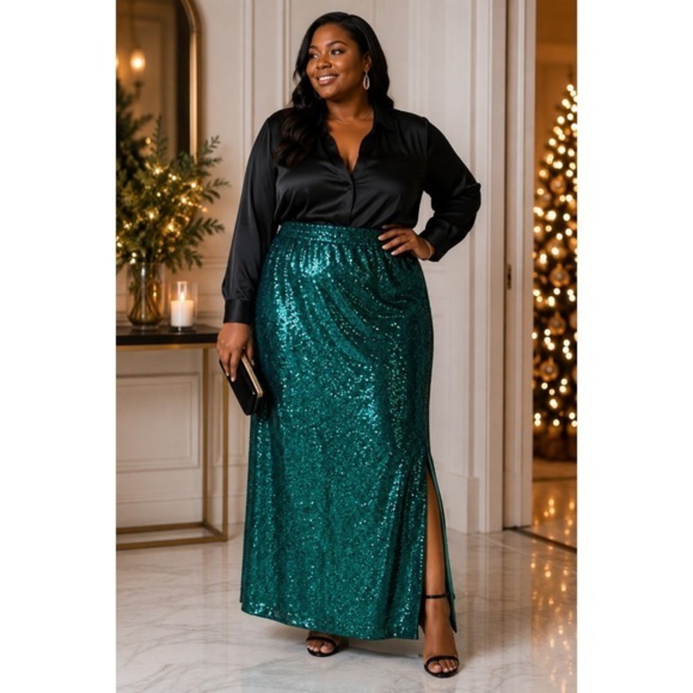 ELOQUII Sequin Midi Skirt 28 Emerald Teal Green Elastic Waist Side Slit Party